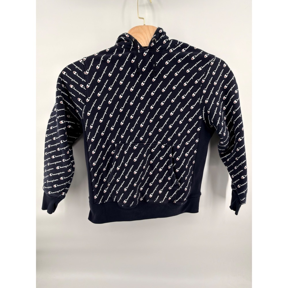 Champion Reverse Weave Hoodie Mens Large All Over Print Script Logo Sweatshirt